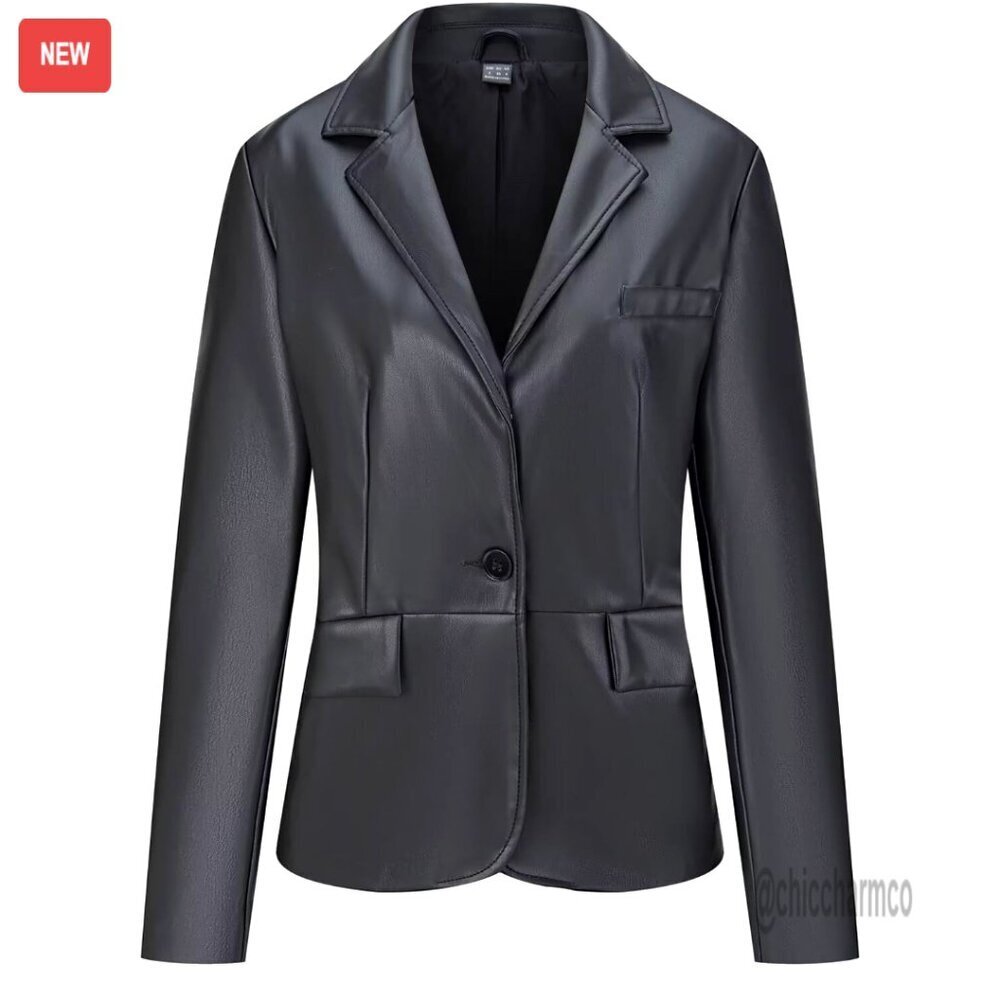 Faux Leather Blazer Jacket Button Down Shacket Coat with Pockets